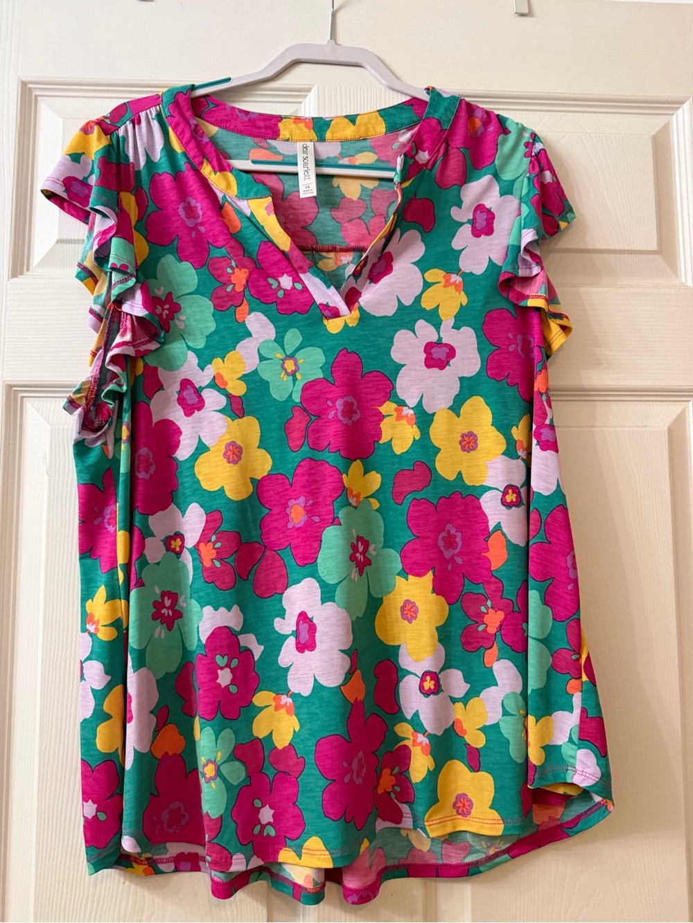 Ruffle Sleeve V-Neck Floral Top - Green/Magenta/Yellow